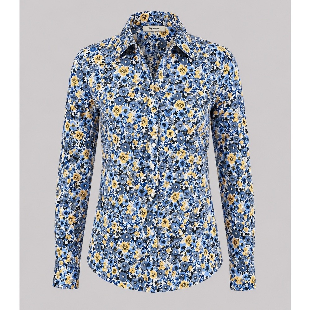 Style & Co Petite Floral Button Down Shirt Blue Yellow 100% Cotton Size 6P NEW